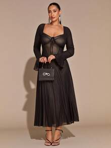 SHEIN BAE 大码女式甜美女孩提花胸罩杯设计荷叶边下摆短款连衣裙，适合派对和约会，黑色，冬季，紧身胸衣裙 - 黑色 - 查看 6