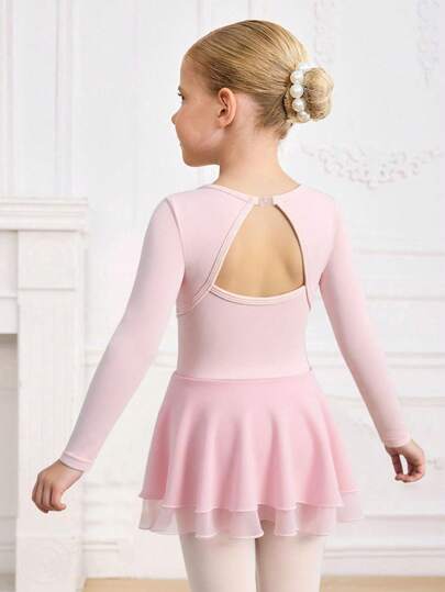 SHEIN Modisches Outdoor-Strick-Leotard-Kleid für Kleine Mädchen, einfarbig, mit Schleifendekor, dehnbar und weich, Sportbekleidung