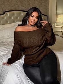 NU&NOW Áo len dệt kim màu trơn hở vai cỡ lớn cho nữ - Cà phê nâu - Xem 5