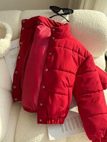 SHEIN 1pc Tween Girl Minimalist Solid Color Stand Collar Short Padded Coat, Winter - Burgundy - View 4