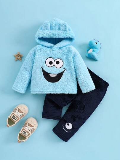 SHEIN 2pcs Baby Boy Cute Monster Graphic Embroidered Fleece Hoodie With 3D Ear Design And Embroidered Pants Set, Suitable For Photo Shoot, Halloween Party, Outings In Autumn/Winter