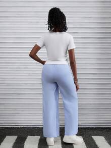 2pcs/Set Teen Girls White Bowknot Blouse Short Sleeve T-Shirt With Blue & White Striped Loose High Waisted Pants - Multicolor - View 2