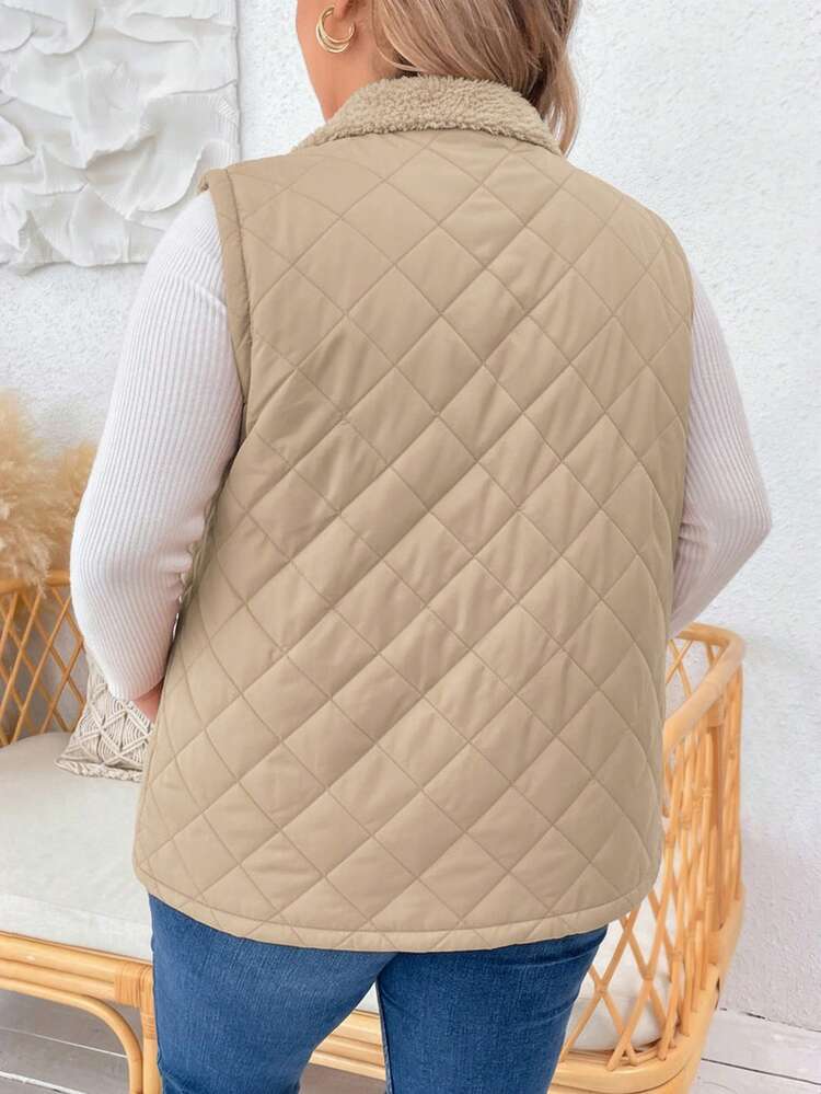 Plus Size Women Solid Color Zipper Front Pocket Thermal Lined Sleeveless Casual Winter Jacket Puffer Vest Tan Vest Winter Vests For Women Women Vest Women Quilted Vest Winter Clothes For Women Jackets For Women Casual Outerwear Women
