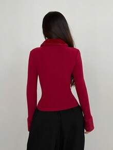 Flirla 1 件女士红色仿皮草夹克，兔毛拼布，针织面料，拉链开合，休闲/日常通勤装，秋冬 - 酒紅色 - 查看 2