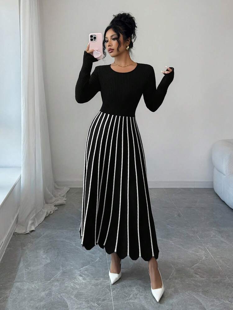 Women's Elegant Knitted Striped Fitted Midi Dress, Autumn/Winter New Arrival