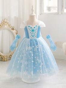 SHEIN Glamorique Kids 女童公主裙，蓝色网纱连衣裙，蓝色公主裙，雪花印花网纱蓬蓬裙，带披肩和手套的派对礼服，生日派对，舞会礼服，优雅正式礼服，适合所有季节，中东、欧洲和美国 - 藍色 - 查看 1