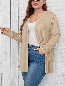 SHEIN LUNE Jaket Kardigan Lengan Panjang Wanita Ukuran Besar Kasual Warna Polos untuk Musim Dingin dan Gugur - Khaki - View 5