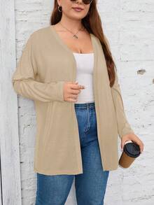 SHEIN LUNE Jaket Kardigan Lengan Panjang Wanita Ukuran Besar Kasual Warna Polos untuk Musim Dingin dan Gugur - Khaki - View 6