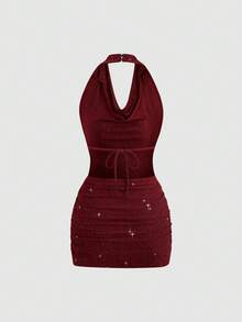 SHEIN PETITE Women's Short Turtleneck Backless Sequin Knit Bodycon Party Mini Dress - Red - View 2