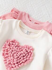 SHEIN 2 件可爱粉色心形图案长袖运动衫，适合秋冬穿着 - 彩色 - 查看 4