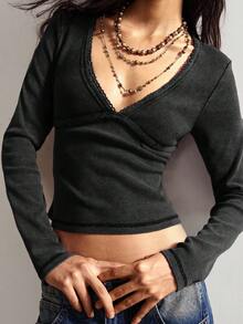 Bohemela Women's Casual Solid Color V-Neck Lace Patchwork Long Sleeve T-Shirt