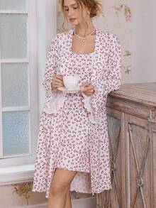 CottageSlumber 2pcs Ditsy Floral Long Sleeve Robe And Fitted Camisole Nightgown Women Sleepwear Pajama Set, Fall Winter Clothes - Pink - View 3