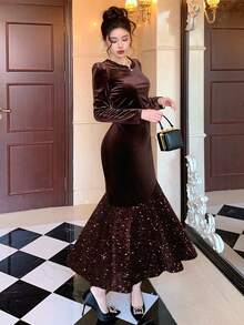 DAZY 法国奢华丝绒亮片美人鱼连衣裙，女士秋冬新款，精致缀饰长裙，新年、圣诞节 - 咖啡 - 查看 5