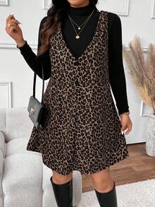 SHEIN Frenchy Women Plus Size Solid Stand Collar Long Sleeve T-Shirt And Leopard Print Suspender Dress Casual 2 Pieces Set, Autumn Leopard Print Dress Cheetah Print Dress Two Piece Outfits For Women Animal Print Dress Plus Size Leopard Print Dress,Fall Clothes For Women