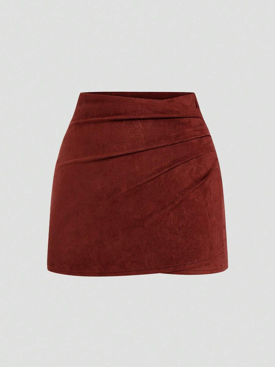 Sweetra Plus Size Brown Pleated Asymmetric Zipper Back Suede Fuzzy Fabric Short Skirt, Minimalist Style For Commuting, Autumn/Winter - Red - View 1