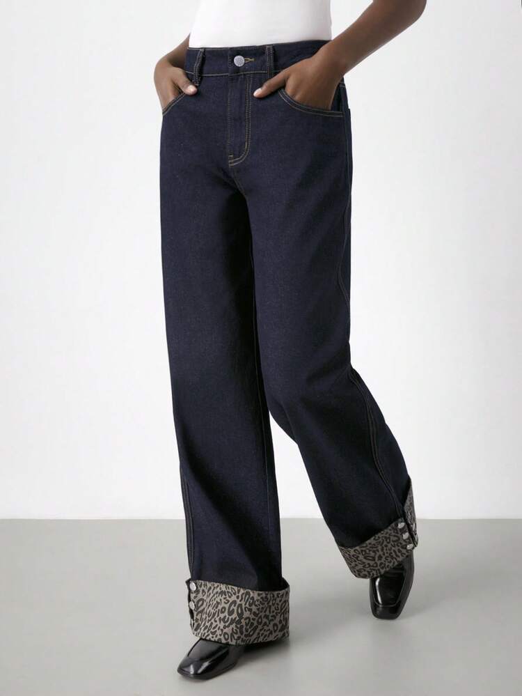 Maija 秋季女士时尚豹纹拼接卷边阔腿牛仔裤 - 深色水洗藍 - 查看 5