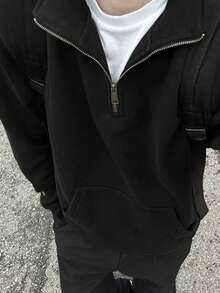 Manfinity Dauomo 男士休闲宽松半拉链长袖运动衫，秋冬 - 黑色 - 查看 1