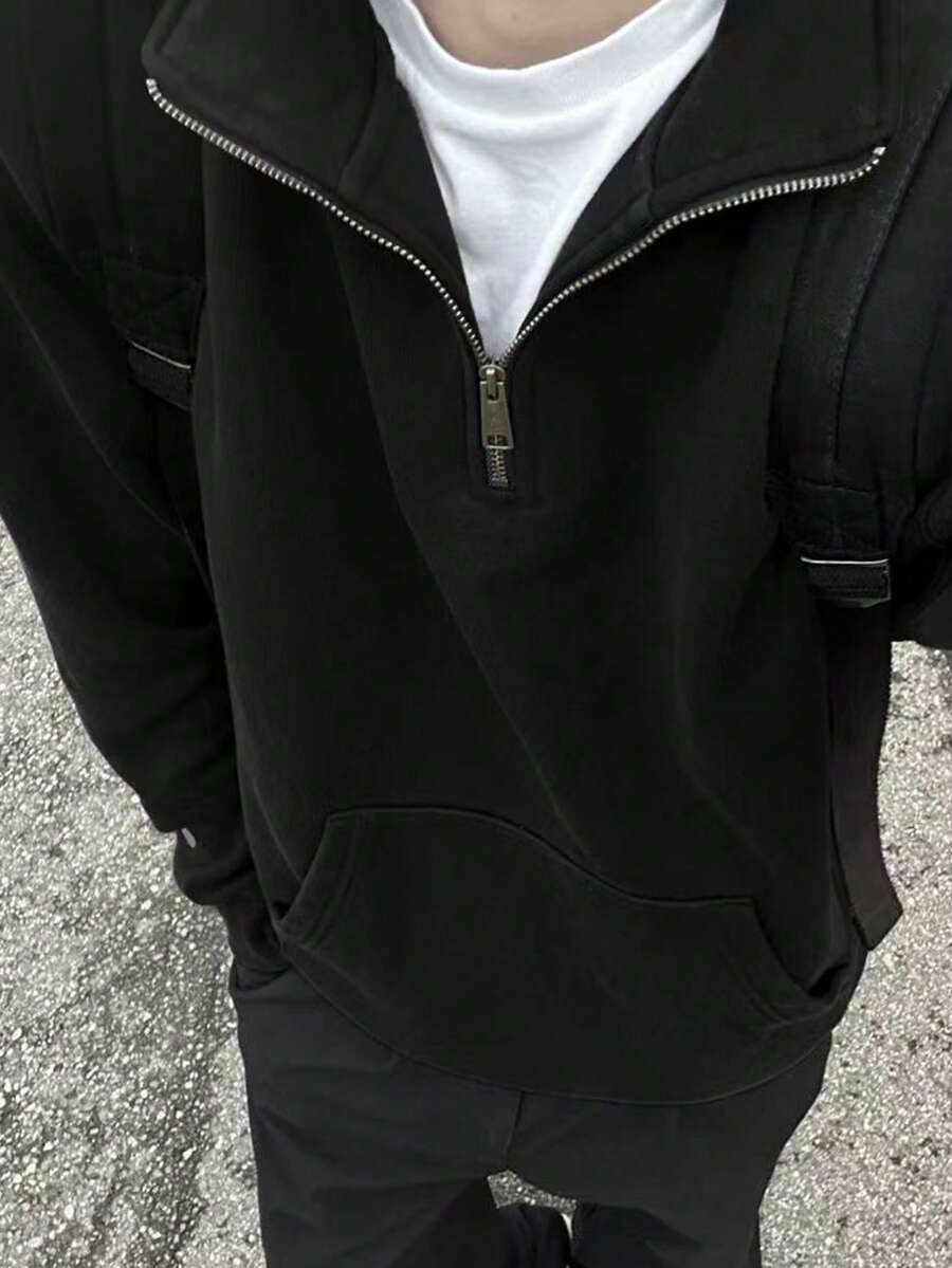 Manfinity Dauomo 男士休闲宽松半拉链长袖运动衫，秋冬 - 黑色 - 查看 1