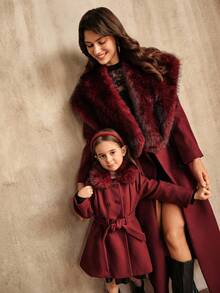 SHEIN Abrigo largo para niñas con diseño de cuello y cinturón de piel de alta gama, color burdeos, para otoño/invierno - Burdeos - Ver 8