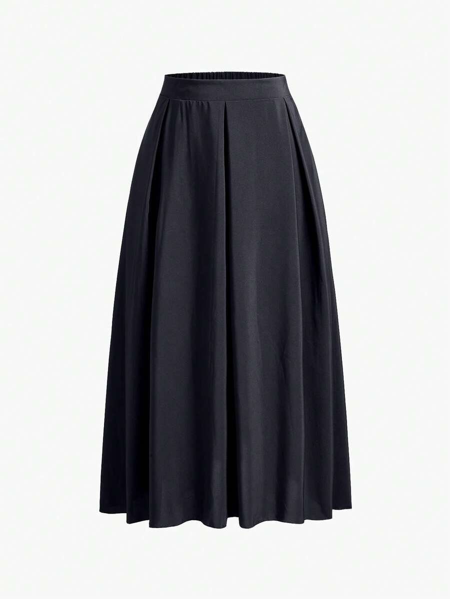 EMERY ROSE Plus Solid Slant Pocket Plicated Detail Skirt - Dark Grey - View 1