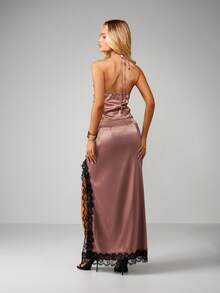 MISSGUIDED Satin-Spitzen-Besatz Trägertop mit Maxi-Rock Zweiteiler für Abendpartys - Altrosa - Übersicht 2