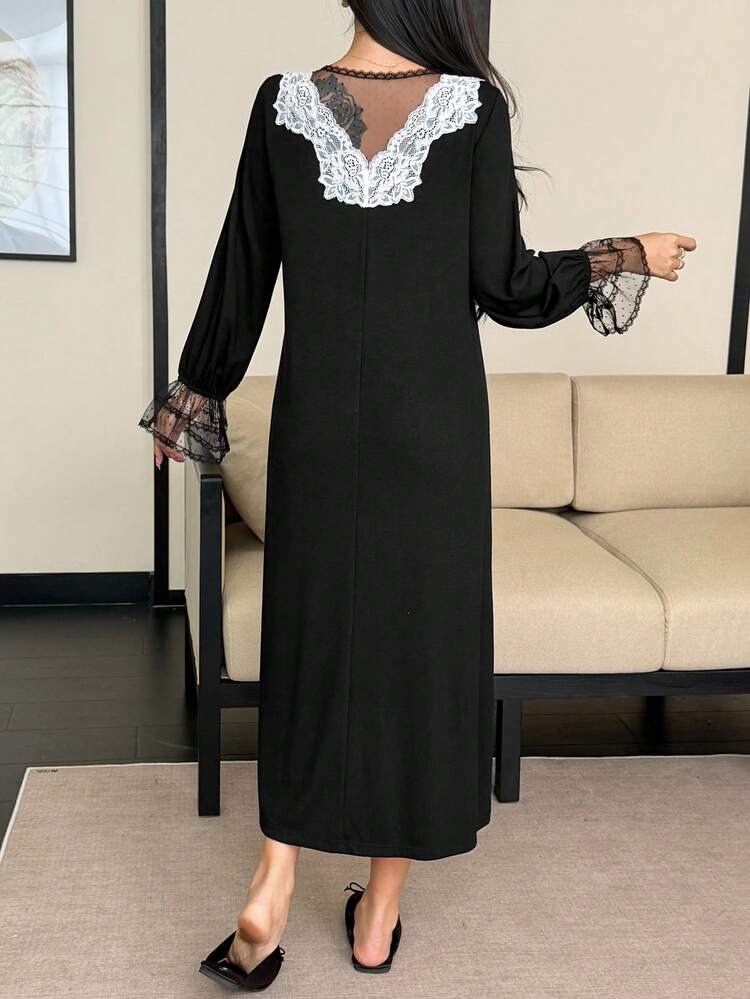 Charming Color Block Lace Patchwork Long Nightgown For Women, Fall & Winter