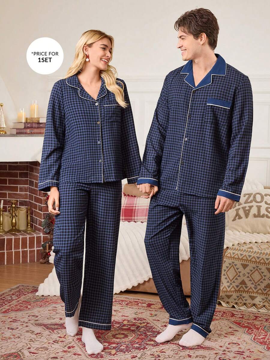 CoupledUp Classic Plaid Print Men's Pajama Set Fall Winter Clothes - Blue - View 1