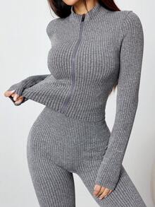 Dewbera 女士无缝瑜伽运动拉链短款上衣和高腰运动紧身裤套装 - 灰色 - 查看 3