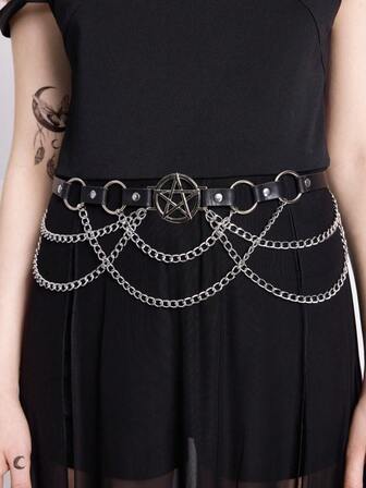 Goth 1 pièce Ceinture à chaîne avec décoration d'étoile et de cercle creux noire pour femme, style punk pour la robe de tous les jours