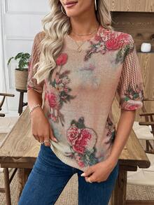 EMERY ROSE 新款复古艺术扎染印花圆领轻薄针织套头衫，女式春夏秋冬装 - 杏色 - 查看 1