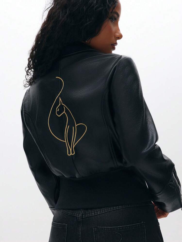 BABYPHAT Veste bomber en PU pour femmes avec logo en diamant et ourlet côtelé. Vêtement décontracté pour l'automne et l'hiver pour femmes