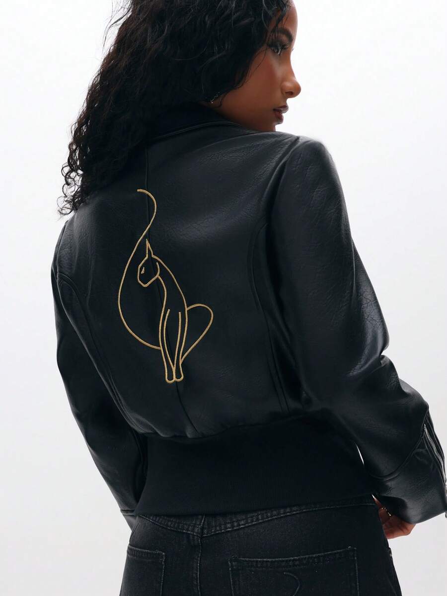 BABYPHAT Women's PU Leather Bomber Jacket With Diamante Logo And Ribbed Hem Casual Outerwear Autumn Winter Clothes For Women