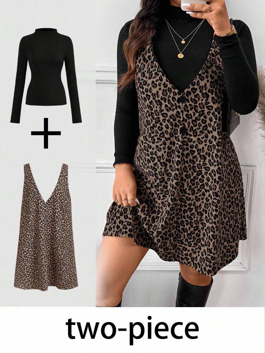 SHEIN Frenchy Women Plus Size Solid Stand Collar Long Sleeve T-Shirt And Leopard Print Suspender Dress Casual 2 Pieces Set, Autumn Leopard Print Dress Cheetah Print Dress Two Piece Outfits For Women Animal Print Dress Plus Size Leopard Print Dress,Fall Clothes For Women