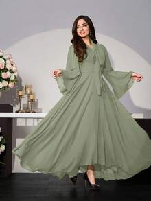 Modelyn Váy cổ buộc màu trơn thanh lịch dành cho nữ - màu xanh lá - Xem 3
