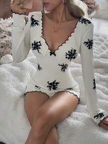 CottageSlumber 女士印花V领荷叶边蝴蝶结装饰长袖连体衣，冬季 - 黑色 - 查看 7