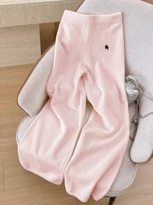 Elamini Quần len dệt kim dài buộc dây thêu màu trắng đa năng cho nữ mặc ngoài trời - Hồng - Xem 3