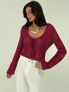 Aloruh Burgundy Sexy Sheer Long Sleeve Tie-Up Fitted Textured Sequin Fuzzy Women Top, Autumn/Winter - Burgundy - View 5