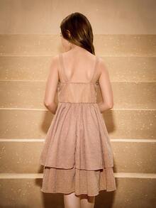 少女优雅香槟金色和银色细肩带褶饰腰部可爱蝴蝶结多层裙装 - 香檳色 - 查看 2