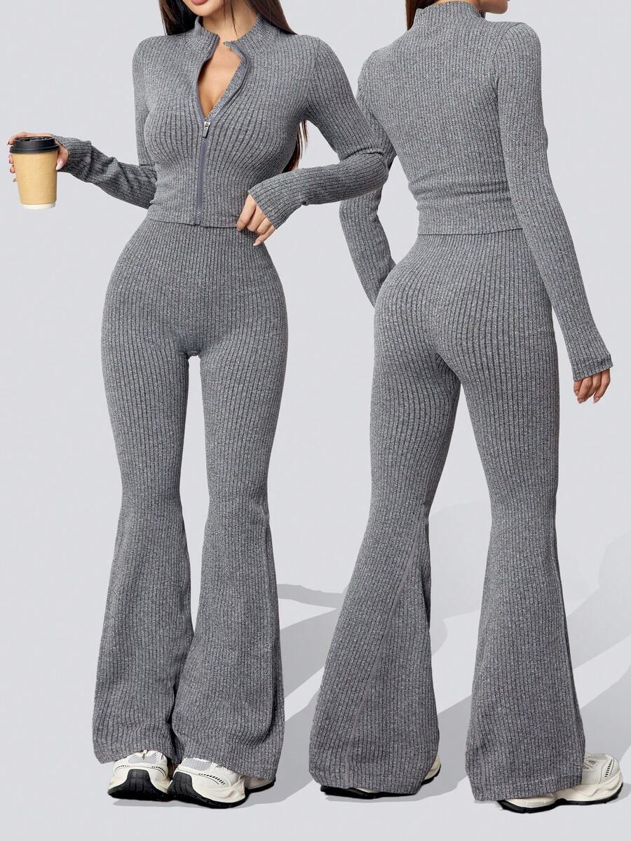 Dewbera 女士无缝瑜伽运动拉链短款上衣和高腰运动紧身裤套装 - 灰色 - 查看 1