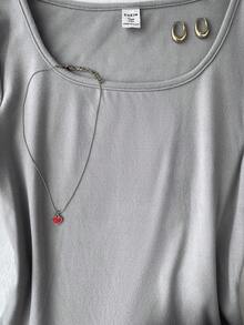 SHEIN 青少年女孩純色圓領修身休閒短版長袖T恤灰色上衣灰色長袖上衣休閒 - 灰色 - 查看 3