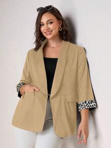 SHEIN Clasi Leopard Print Plus Size Women's Blazer With Cuff Splicing, Elegant Daily Wear Office Commute In Fall/Winter - Khaki - View 5