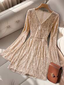 Franclia Women's Elegant Sequin Embroidered Sleeve Slit Party Mini Dress, Autumn/Winter - Khaki - View 7