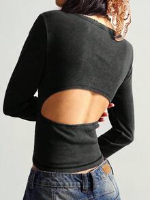 Bohemela Women's Casual Solid Color V-Neck Lace Patchwork Long Sleeve T-Shirt