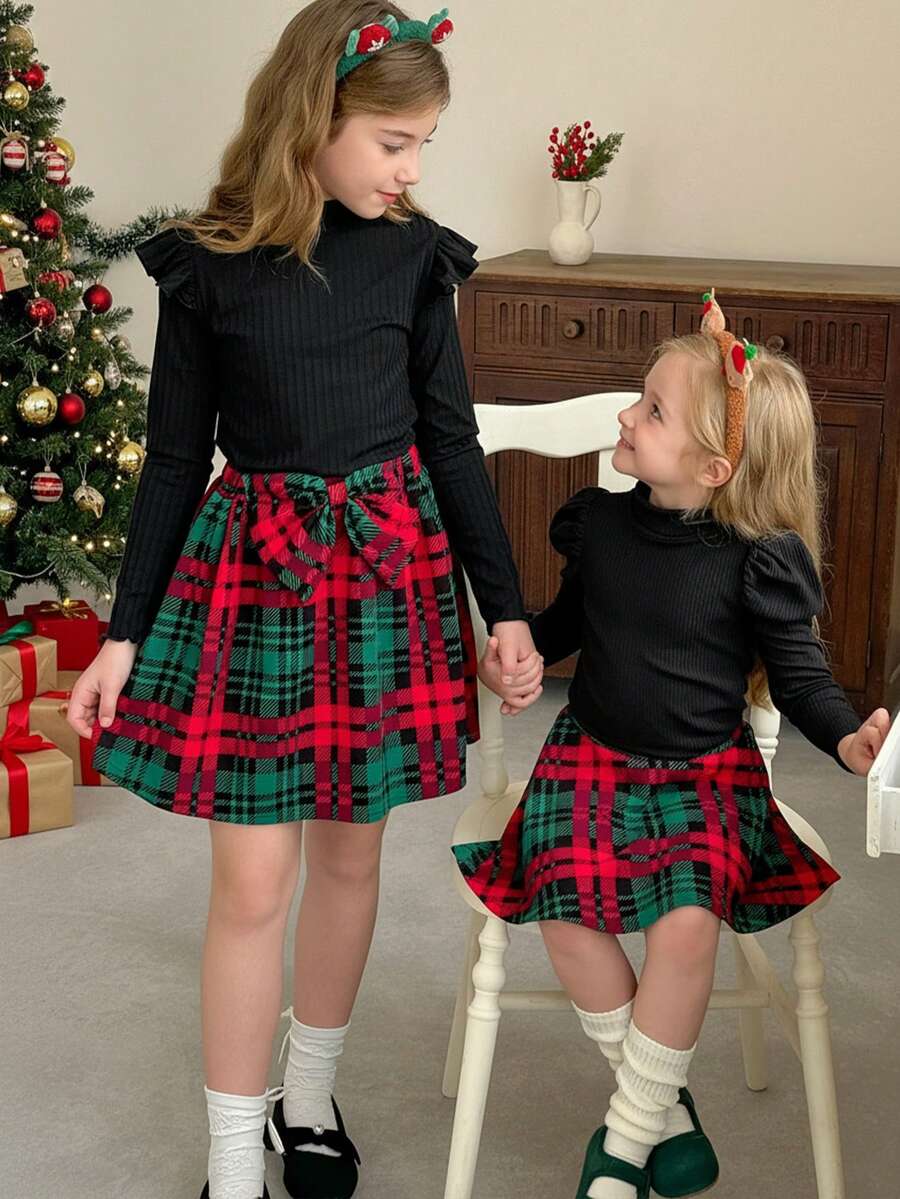 LMoss Kids LMoss 2pcs Young Girl Solid Color Knit Stand Collar Casual T-Shirt And Plaid Skirt Set, Two Pieces Kids Set Skirt Plaid, Matching Clothes For Girls, Plaid Skirts For Girls, Mom Daughter Matching Outfit, Christmas Girls Outfits,Styles Comfortable Autumn & Winter,Cozy Fall & Winter Styles,Christmas Jumper,Long Sleeve Top,Halloween - Multicolor - View 1