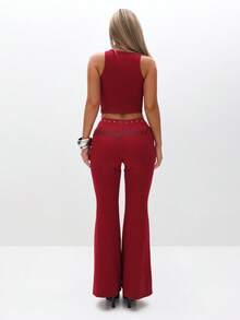 BABYPHAT Studded Waistband Detailing Ribbed Leggings For Women Casual Everyday Wear - Burgundy - View 4