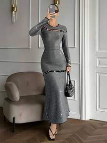 Siren Gaze Women's Grey Autumn Elegant Dinner Dress,Contrast Trim Hollow Out Fitted Long Sleeve Party Dresses,Silver Metallic Embellishments Skirt - Grey - View 6