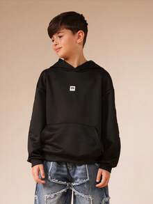 男童超大号个性连帽衫，背部有大印花，带中央口袋 - 黑色 - 查看 3