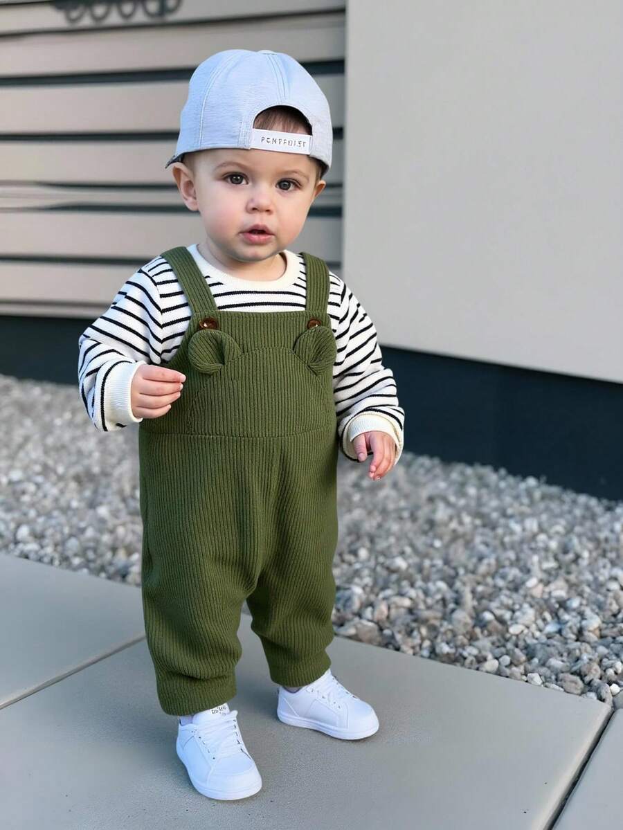 Newborn Baby Boy/Girl Casual Fun Campus Korea All-Match Style Corduroy Ribbed 3D Ear Animal Design Bib Overalls Jumpsuit - Army Green - View 1