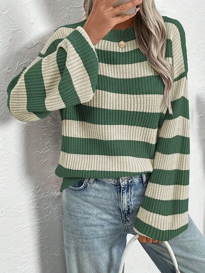 Calvaya Suéter de cuello redondo de manga larga con patrón de bloques de color y rayas para tallas grandes