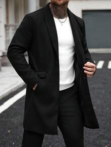 Manfinity CasualCool Men's BPlus-Size Utton Front Long-Sleeved Pocket Simple Casual Overcoat, For Going Out, Gifts For Friends, Husbands And Boyfriends, Fall Winter